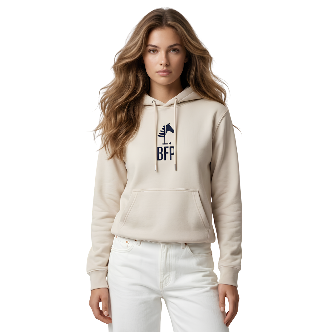 Beige Hoodie I Navy Print (UNISEX)